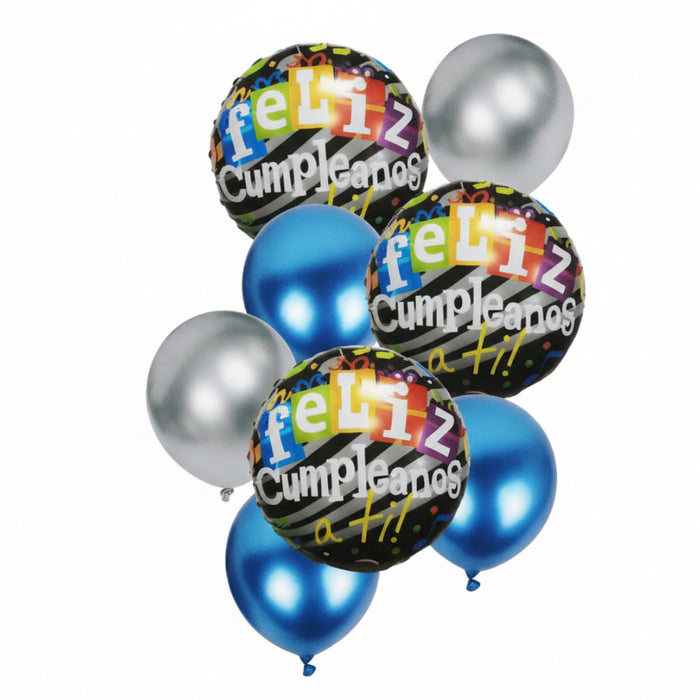 Globos Bouquet Azul Y Plateado Feliz Cumpleaños x 8 Piezas Festella