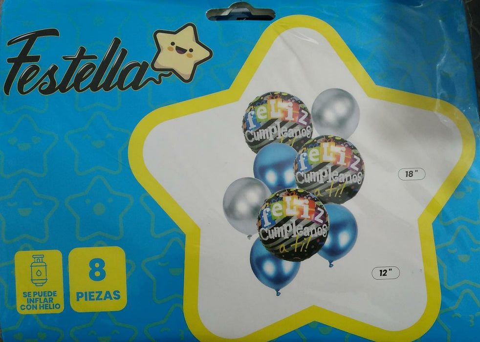 Globos Bouquet Azul Y Plateado Feliz Cumpleaños x 8 Piezas Festella