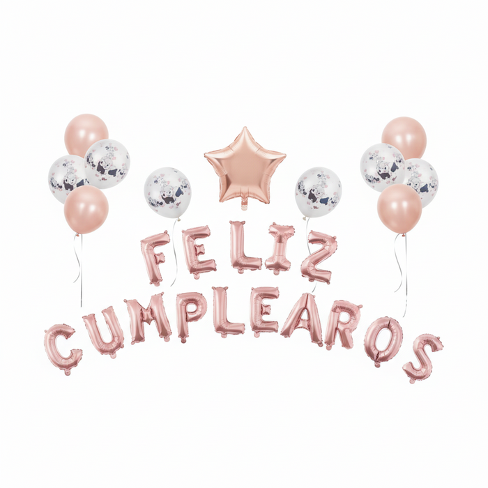 Kit Globo Feliz Cumpleaños Dorado Rosa x 26 Piezas Festella