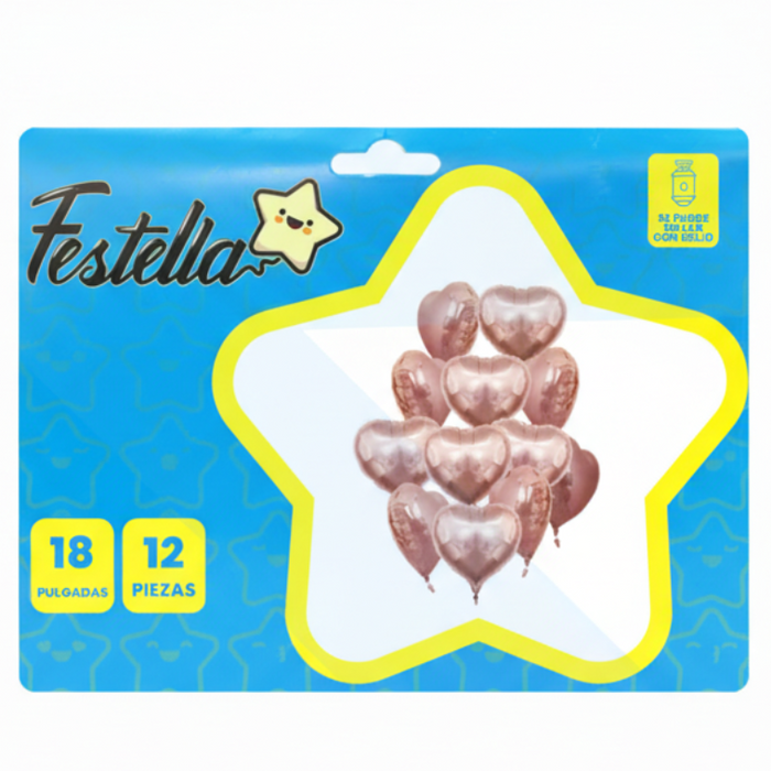 Kit Globos Corazones Festella 18" x12 und Dorado Rosa