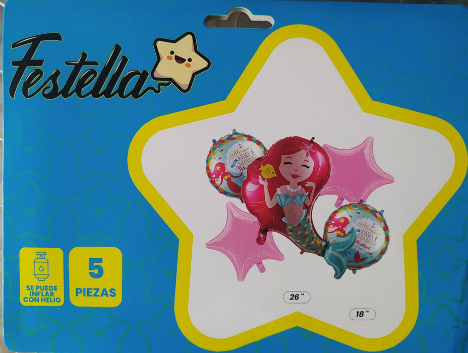 Bouquet de Globos Sirenita cabello rojo x 5 Piezas