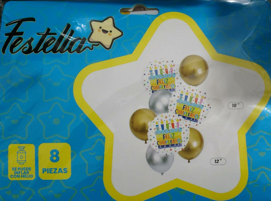 Bouquet de Globos Feliz Cumpleaños Dorado Y Plata x 8 Piezas Festella