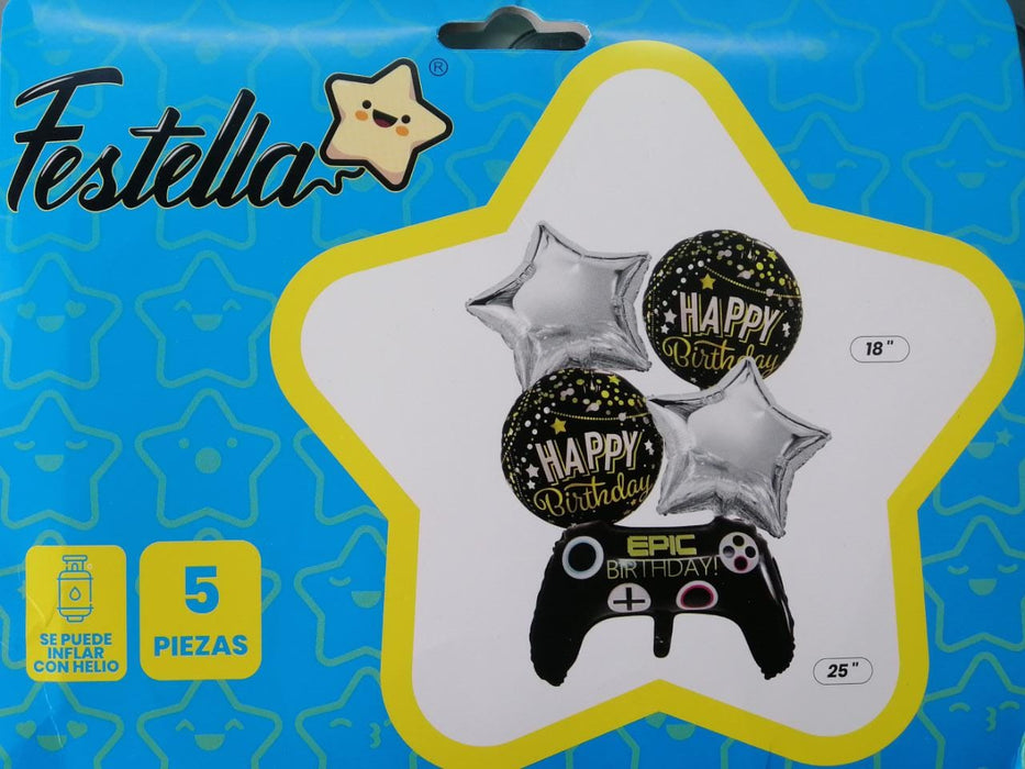 Bouquet Globo Control De Videojuegos Happy Birthday x5 Piezas Festella
