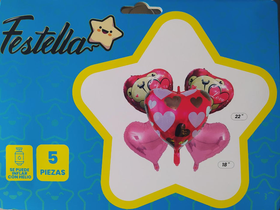Bouquet de globos 5 piezas corazon amoroso