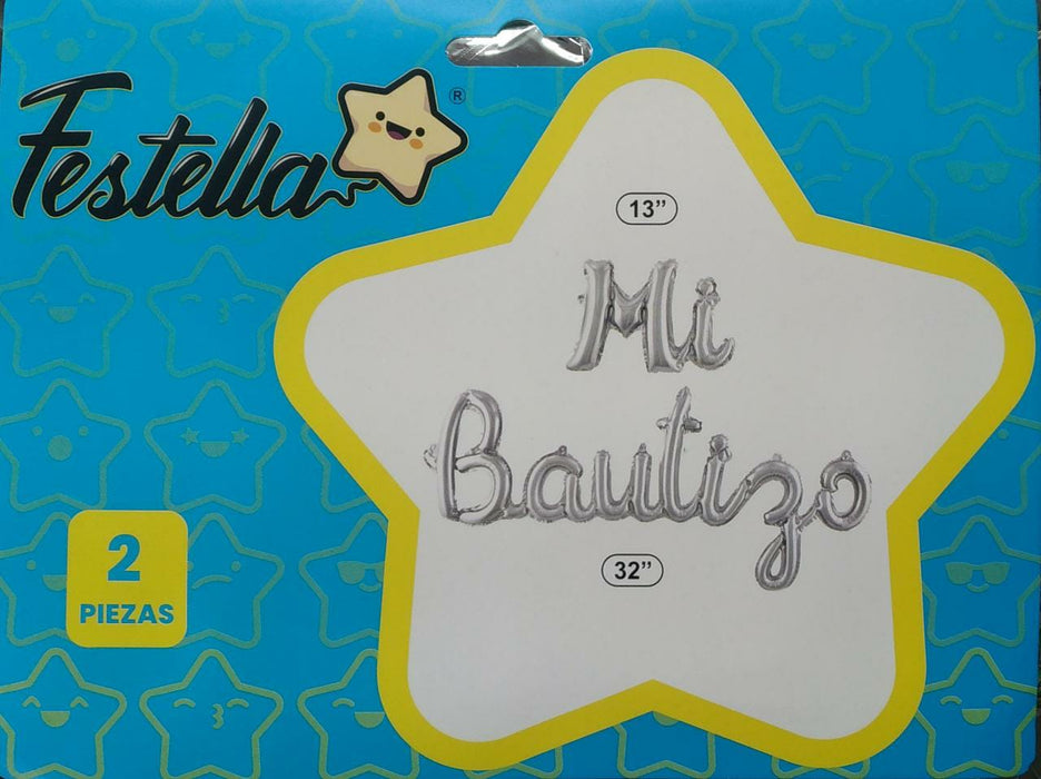 Globo Letrero Mi Bautizo 2 piezas color plata