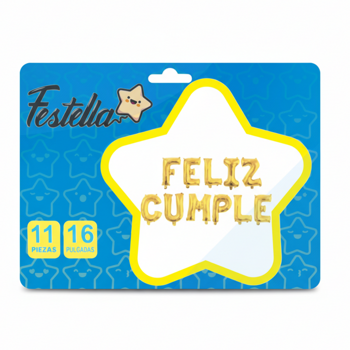 Globo letrero Feliz Cumple 16" x 11 Piezas Dorado