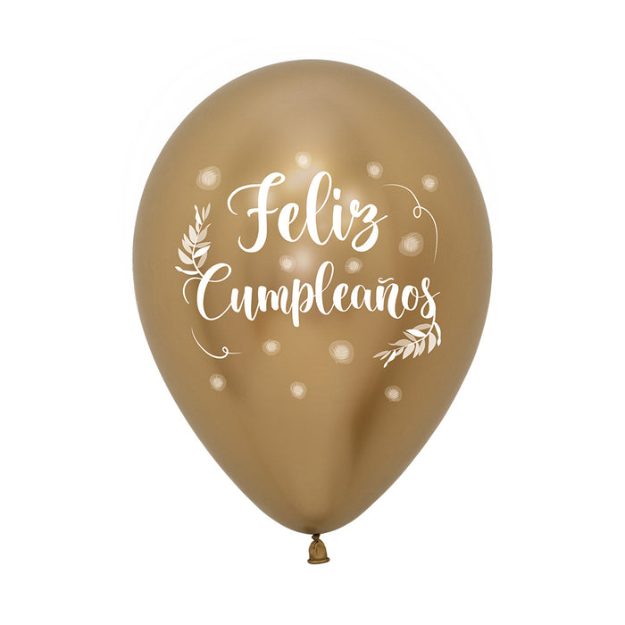Globo Reflex Feliz Cumpleaños Vintage Impreso 2 Caras Dorado R12 x 50 Unidades