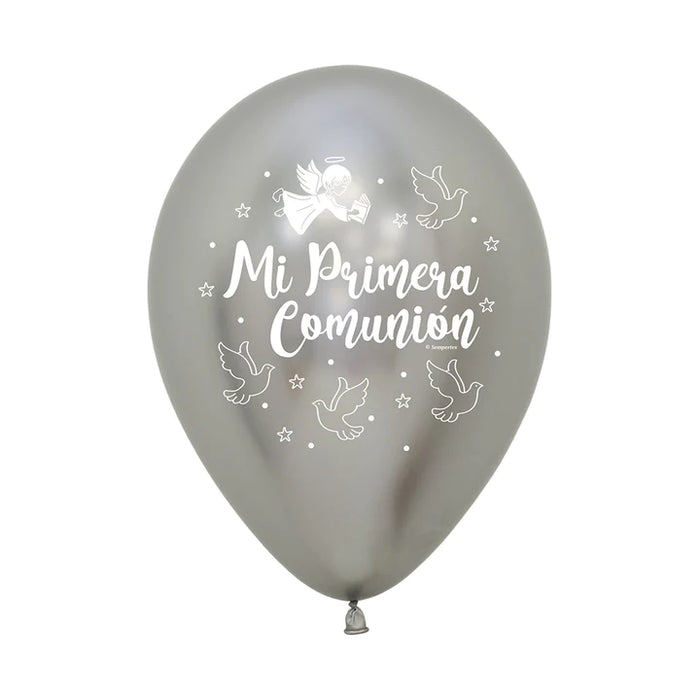 Globo Mi primera Comunión Palomas Reflex Plateado R12 X 12