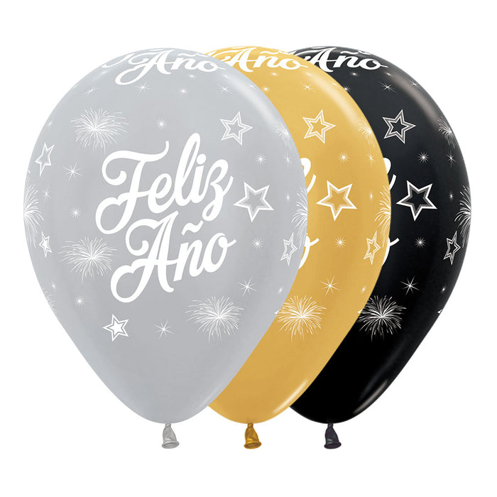 Globo Impreso Feliz Año Satin Y Metal Surtido Infinity R12 X 12 Unidades Sempertex