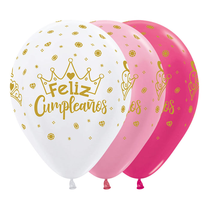 Globos Feliz Cumpleaños Coronas Satin y Metal surtido R12 x 50 Unidades Sempertex