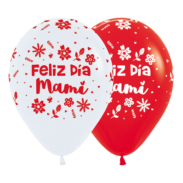 Globo Feliz Dia Mami Flores Surtido Blanco Rojo R12 X 50 Unidades Sempertex