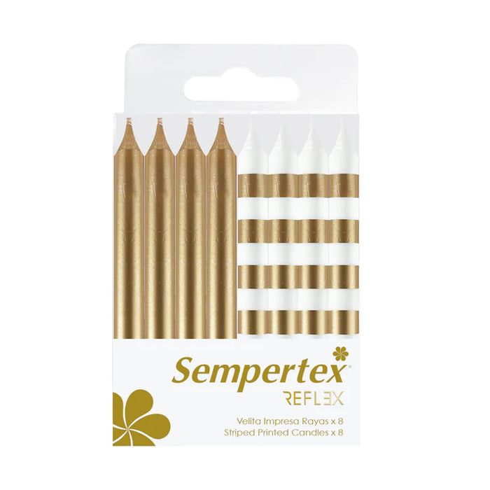 Velitas Rayas Metálicas Blanco Dorado x 8 unidades Sempertex