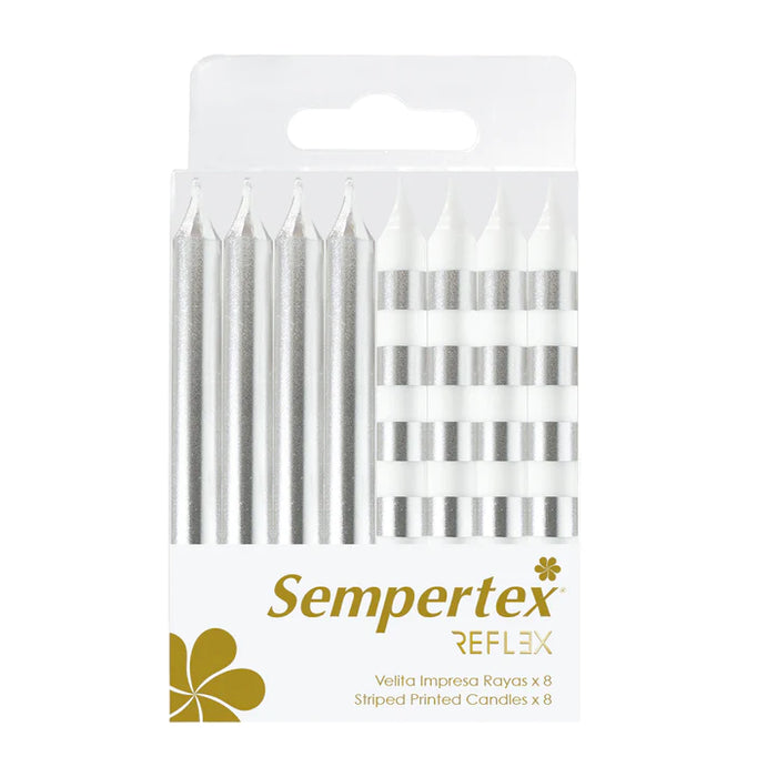 Velitas Rayas Metálicas Blanco Plateado x 8 unidades Sempertex