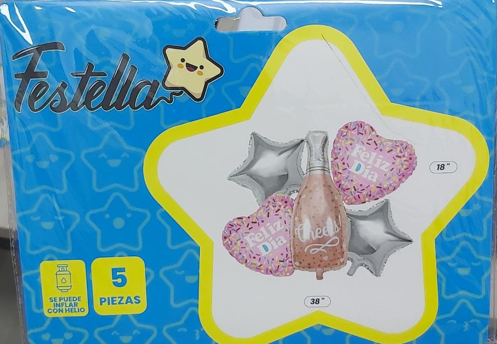 Bouquet Botella De Champaña Dorado Rosa x 5 piezas