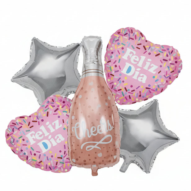 Bouquet Botella De Champaña Dorado Rosa x 5 piezas