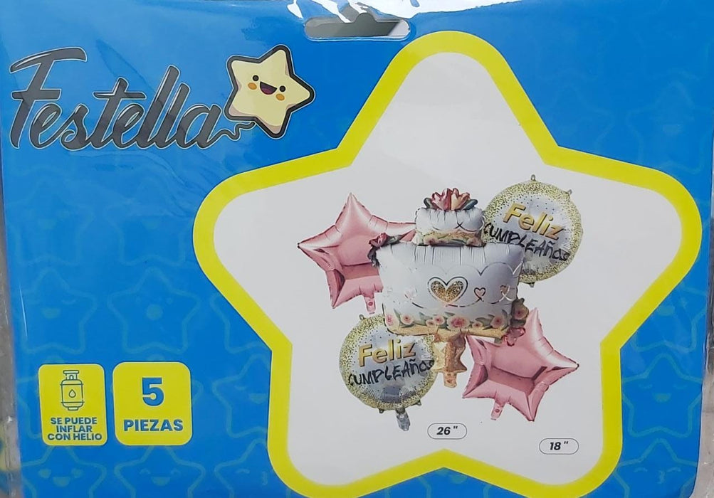 Bouquet de Globos Torta Feliz Cumpleaños Estrellas Rosadas X 5 Piezas