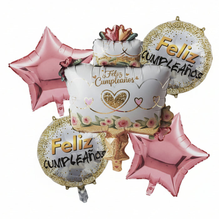 Bouquet de Globos Torta Feliz Cumpleaños Estrellas Rosadas X 5 Piezas