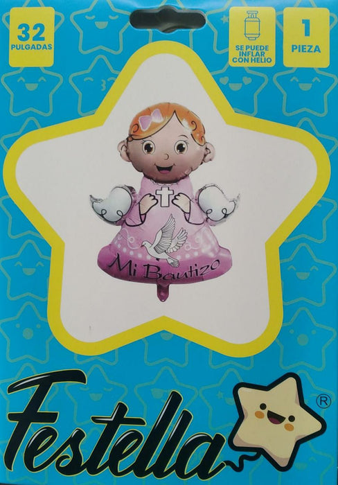 Globo Metalizado angelito rosa mi bautizo 32"