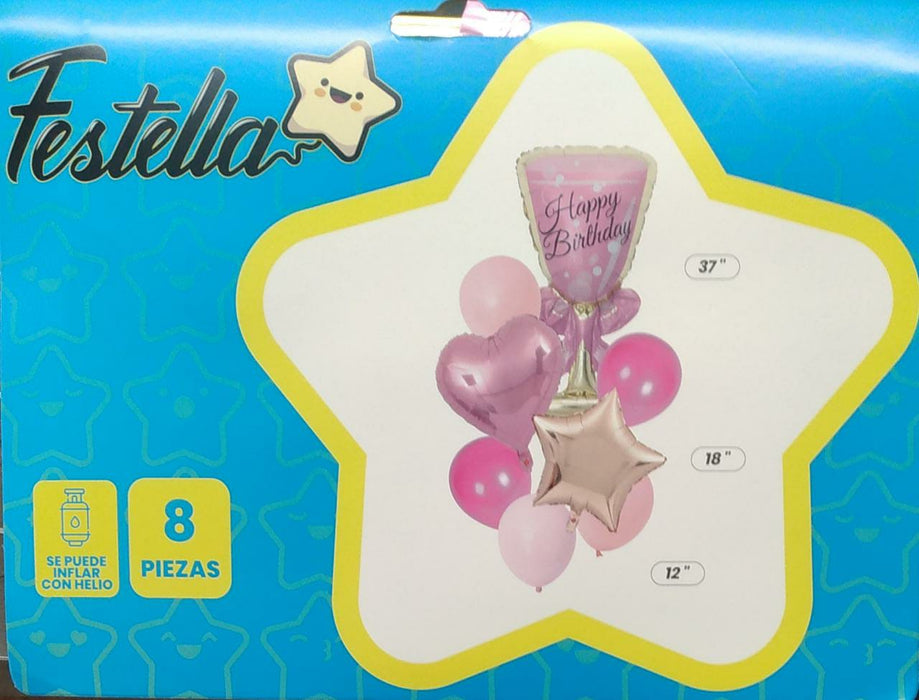 Bouquet de Globos copa de champaña Happy Birthday x 8 piezas